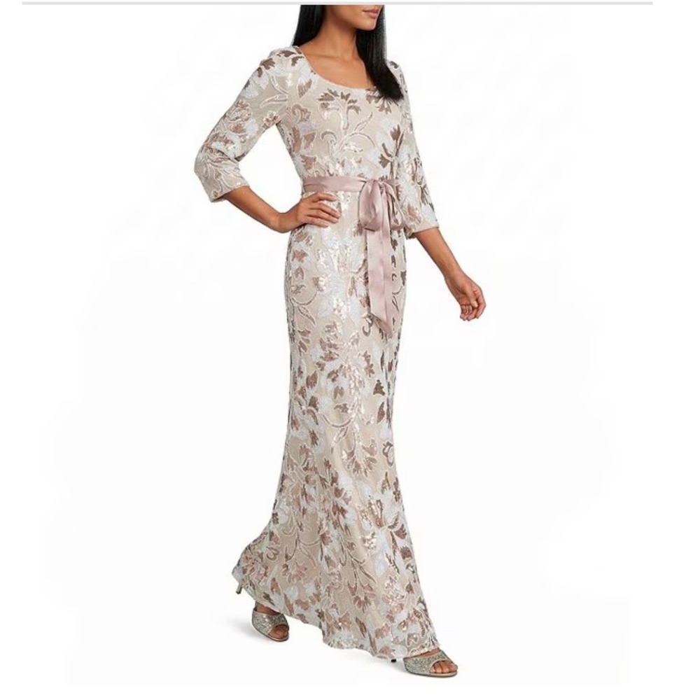 R & M Richards Sequin Embroidered Satin Ribbon Belt Gown Nude Multi 12